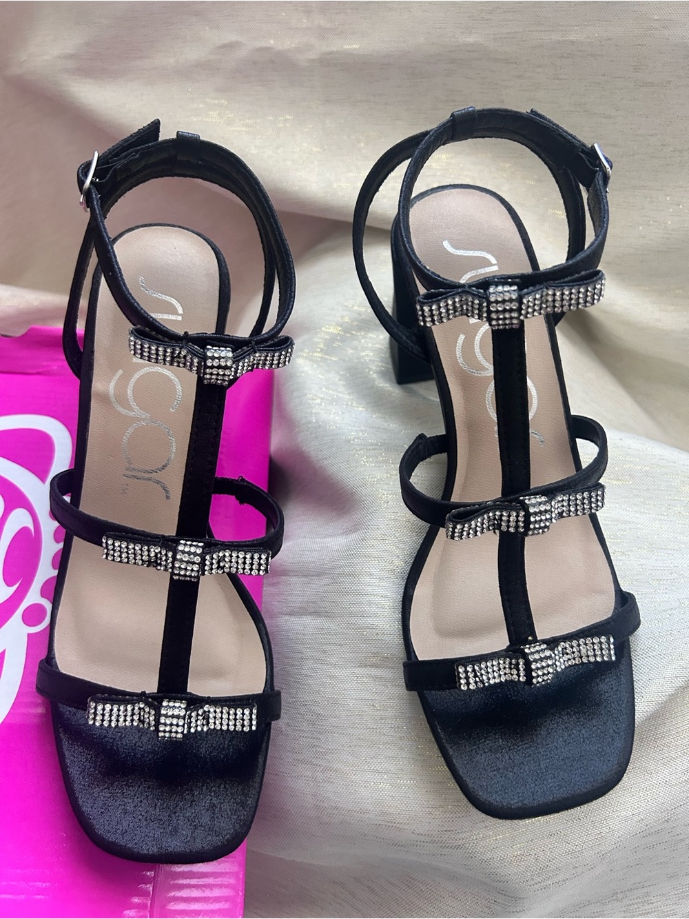 Sugar Black Rhinestone Bow T-Strap Block Heels